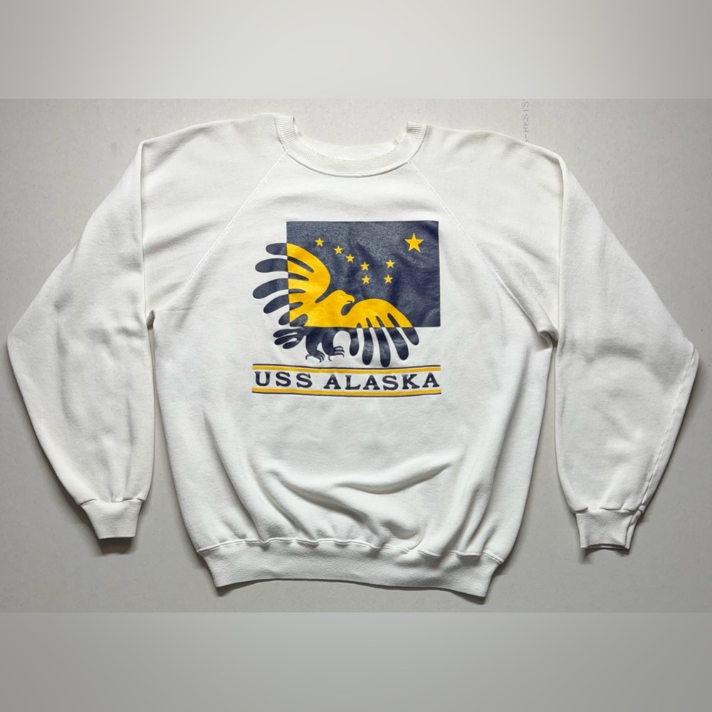 Vintage Hanes USS Alaska US Navy White Sweater Pullover Made In USA 80s Men’s XL